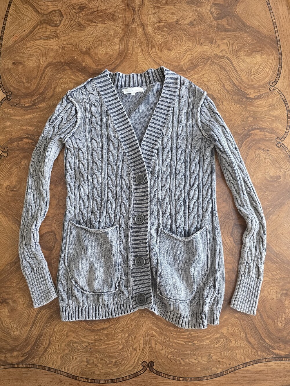 Gilded Intent Cable Knit Cardigan Sweater Distressed Gray Womens size XS Pockets